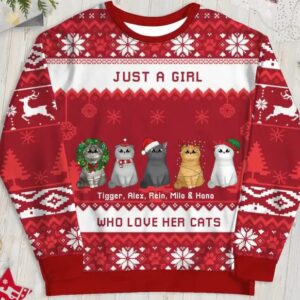 Personalized Custom Just A Girl Love Cat Ugly Christmas Sweater