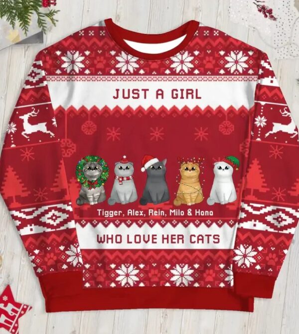 Personalized Custom Just A Girl Love Cat Ugly Christmas Sweater